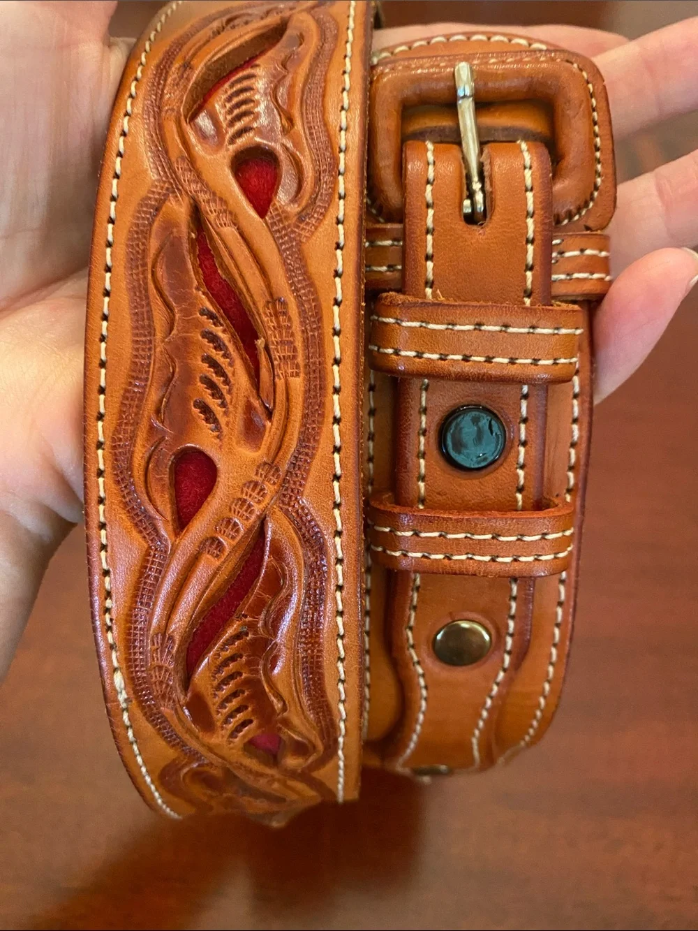 Unisex Leather RANGER Western-Style Tooled Belt with Red Accent